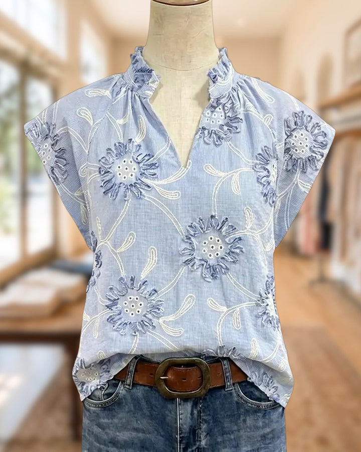 Embroidered Floral Ruffled V Neck Cap Sleeve Casual Blouse