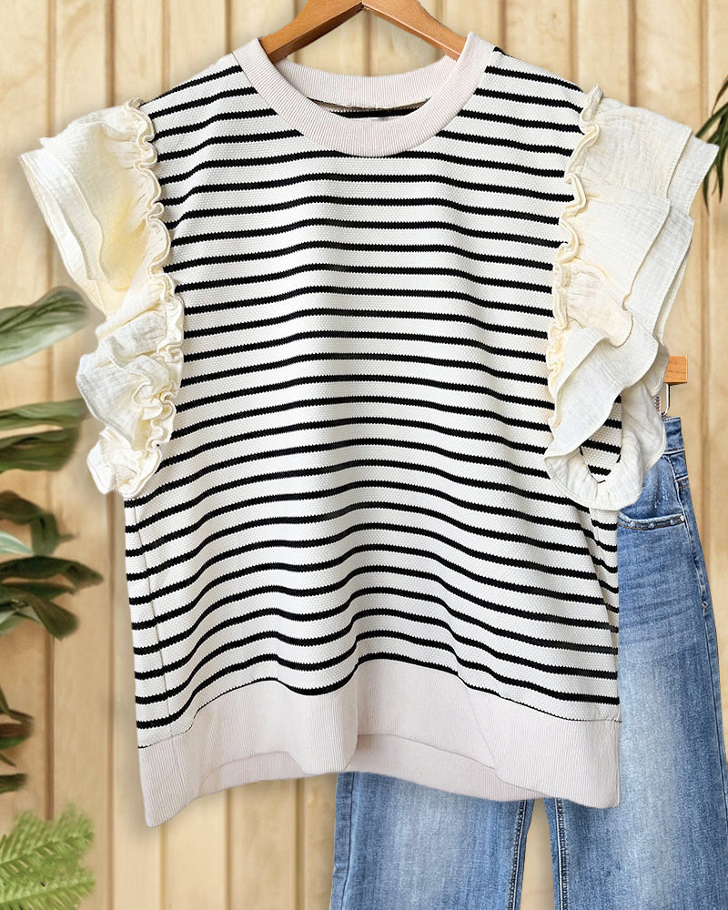 Striped Girly Ruffle Sleeve Round Neck Blouse