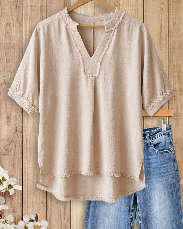 Frayed Trim V Neck Short Sleeve Solid Color Casual Blouse