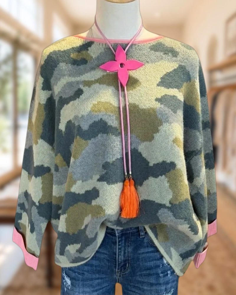 Camo Print Contrast Trim Oversized Casual Knit Sweater