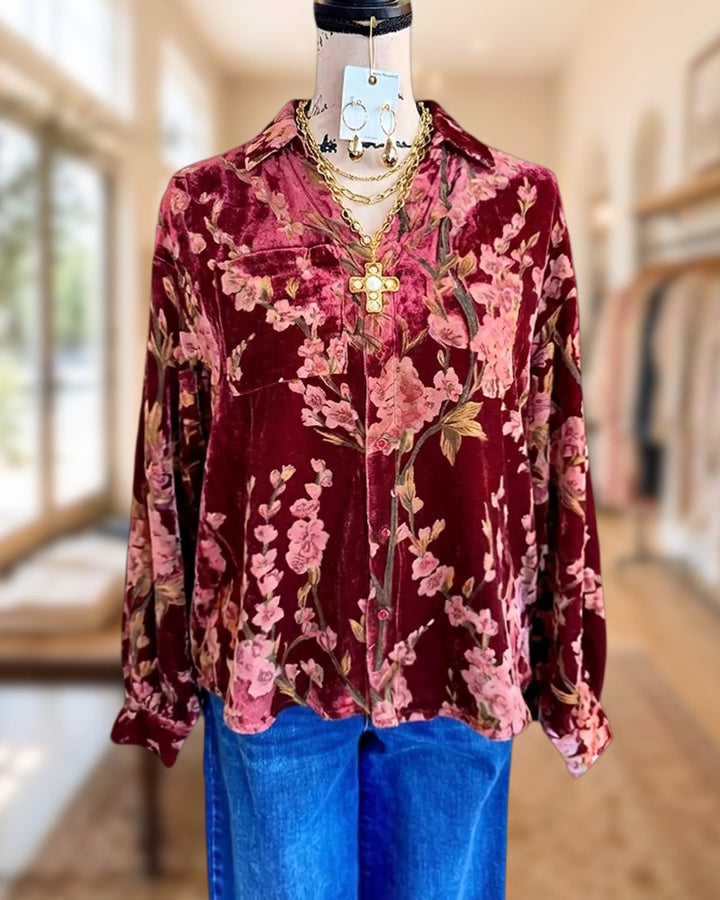 Velvet Floral Print Classic Button Up Shirt