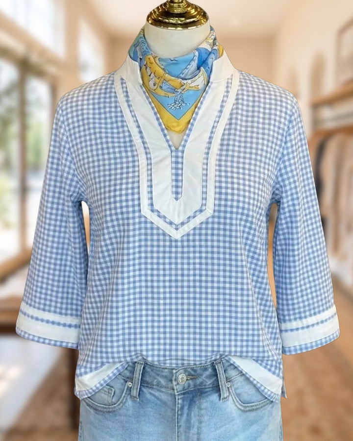Gingham Contrast Trim V Neck 3/4 Sleeve Casual Blouse