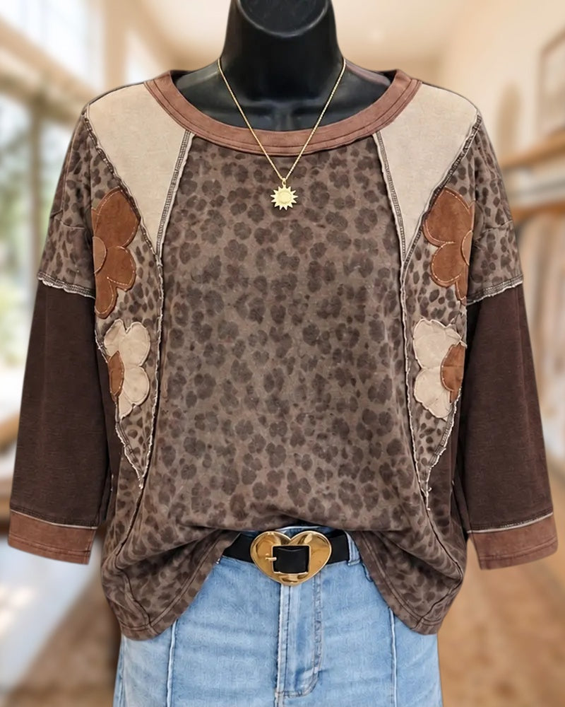 Leopard Print Patchwork Flower Applique 3/4 Sleeve Casual T-shirt
