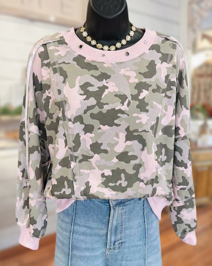 Camo Print Exposed Seam Rib Trim Crew Neck Sweatshirt
