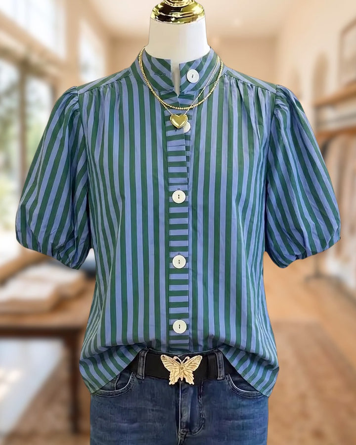 Stand Collar Puff Sleeve Button Front Casual Striped Blouse