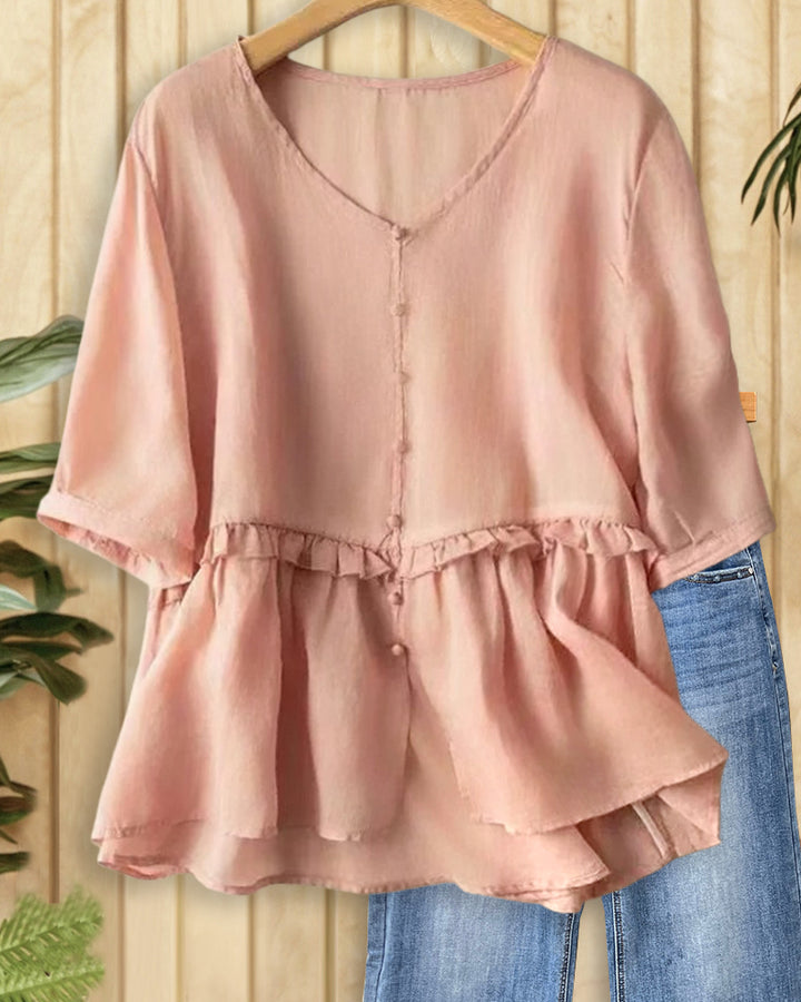 Solid Color V Neck Button Down Sweet Peplum Blouse