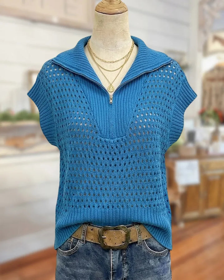 Half Zip Eyelet Knit Cap Sleeve Ribbed Trim Casual Vest