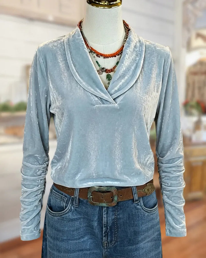 Shawl Collar Ruched Long Sleeve Velvet Casual Blouse