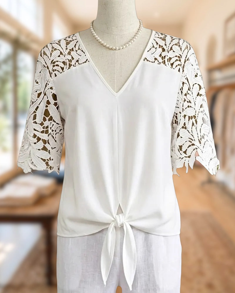 V Neck Lace Insert Half Sleeve Tie Front Elegant Blouse