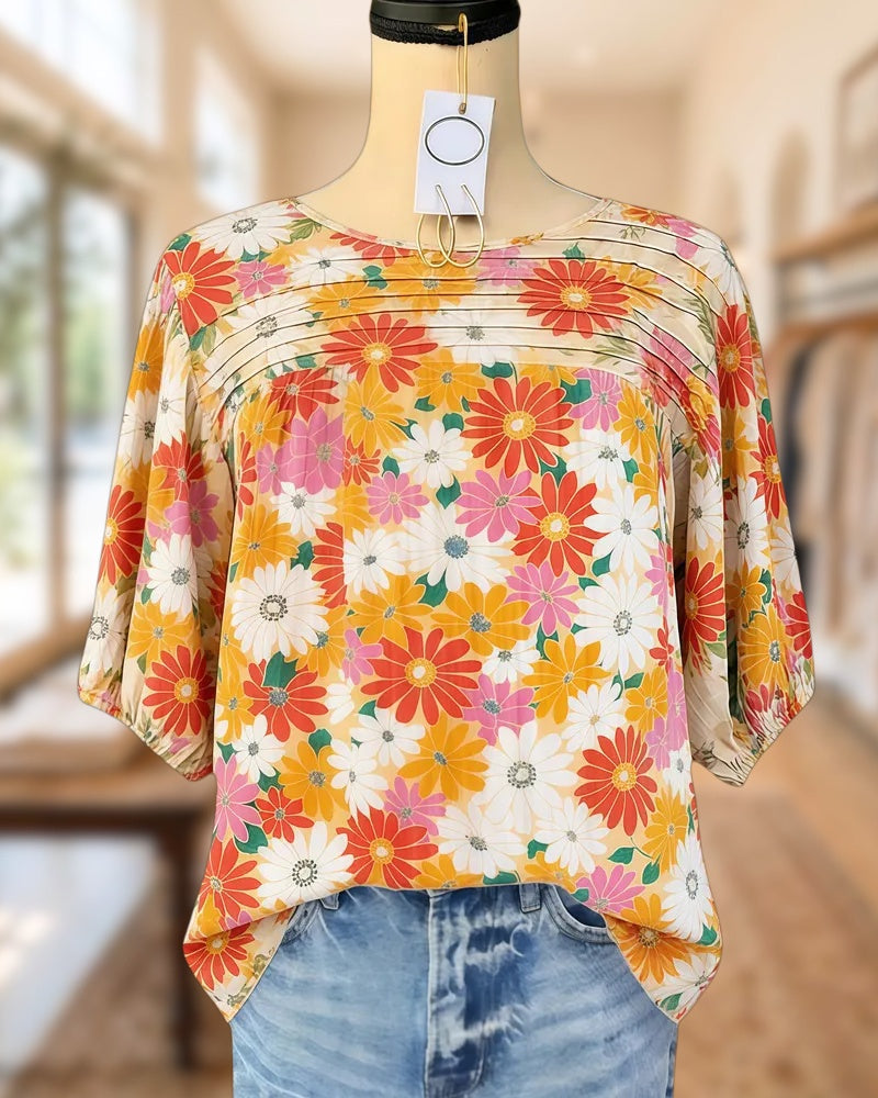 Floral Print Bright Round Neck Pleated Detail Blouse