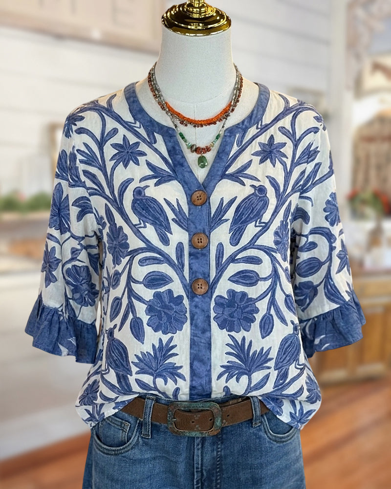 Embroidered Ruffle Sleeve V Neck Button Front Casual Blouse