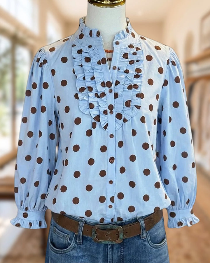 Ruffled Placket Striped Polka Dot Buttoned Long Sleeve Blouse