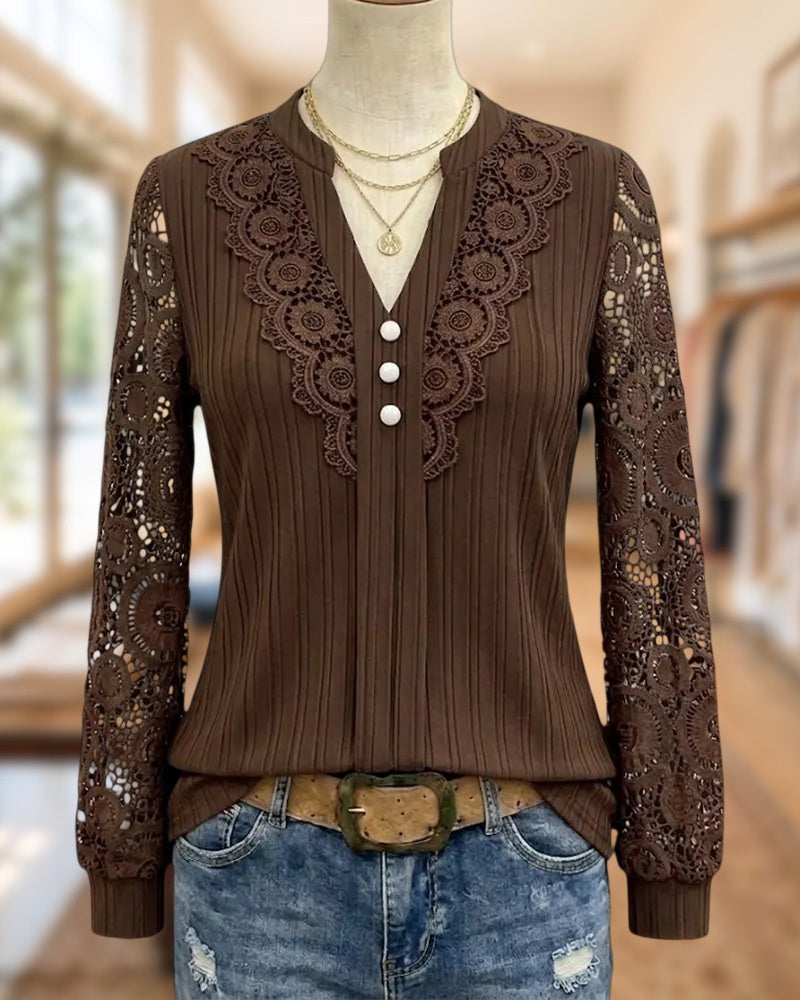 Lace Trim V Neck Elegant Long Sleeve Blouse