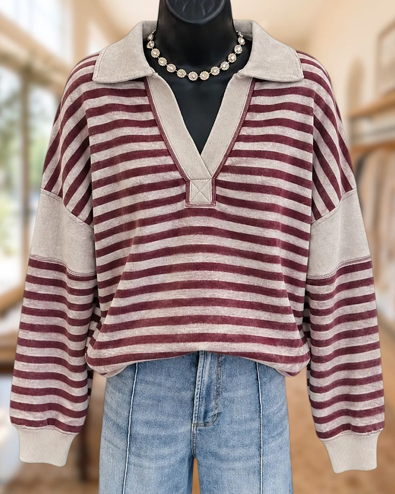 Striped Collared V-Placket Long Sleeve Dropped Shoulder Casual Sweatshirt