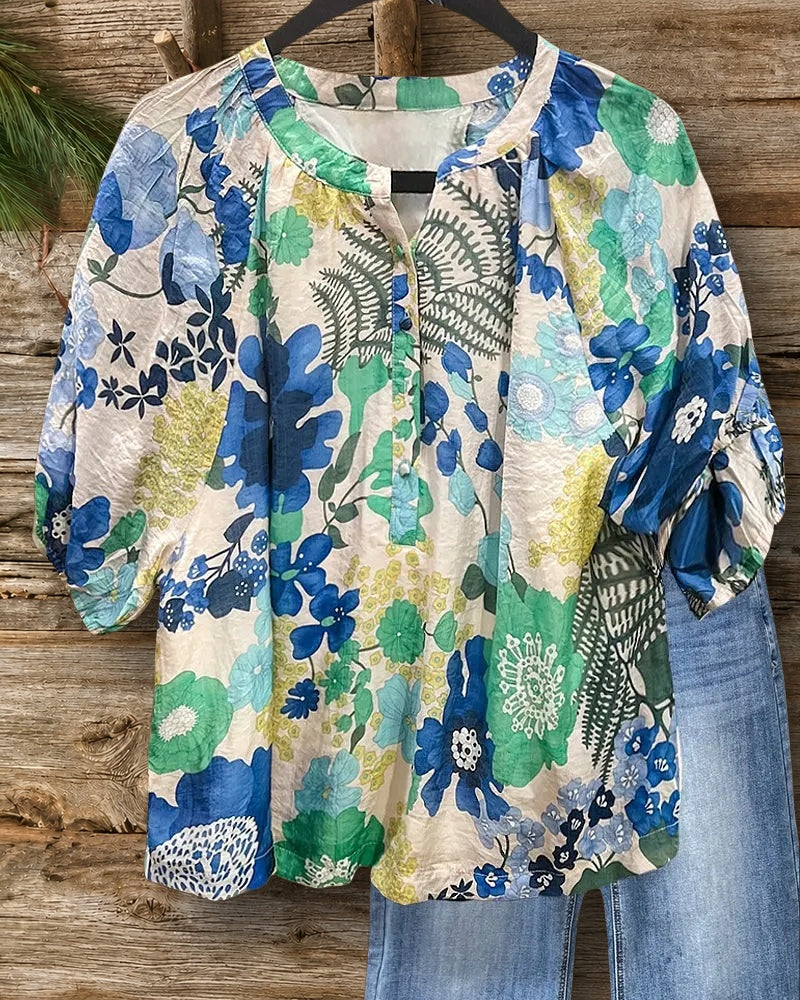 Floral Print Feminine Round Neck Button Detail Blouse