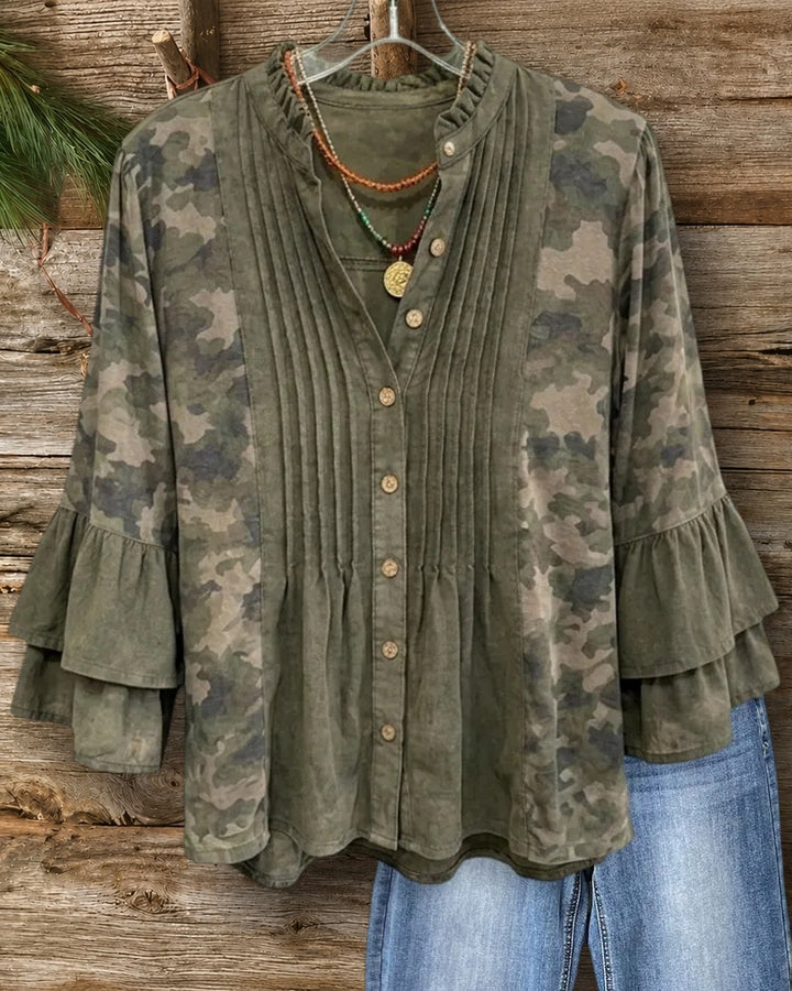 Ruffled Neck Pintuck Placket Tiered Flare Sleeve Casual Blouse