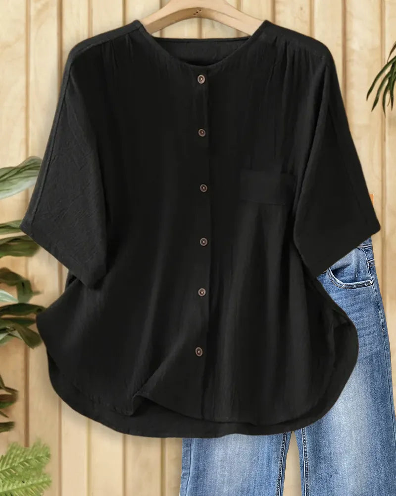 Solid Color Button Front Relaxed O Neck Blouse
