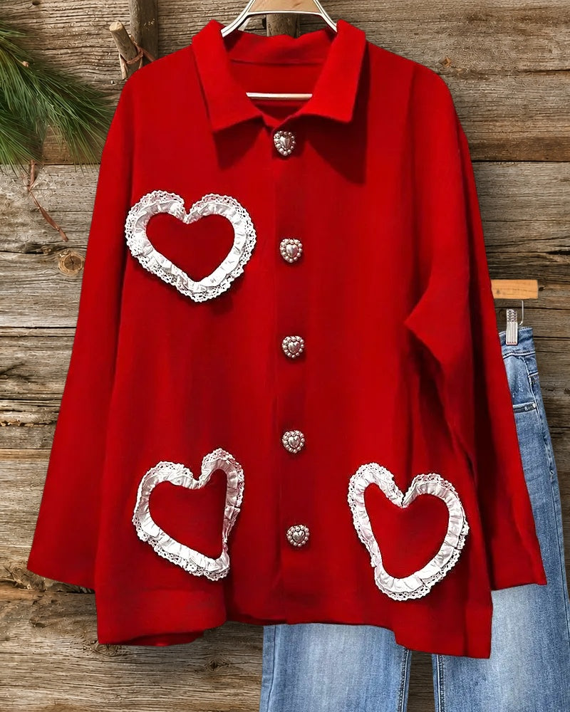 Heart Decor Hit Color Romantic Button Down Blouse