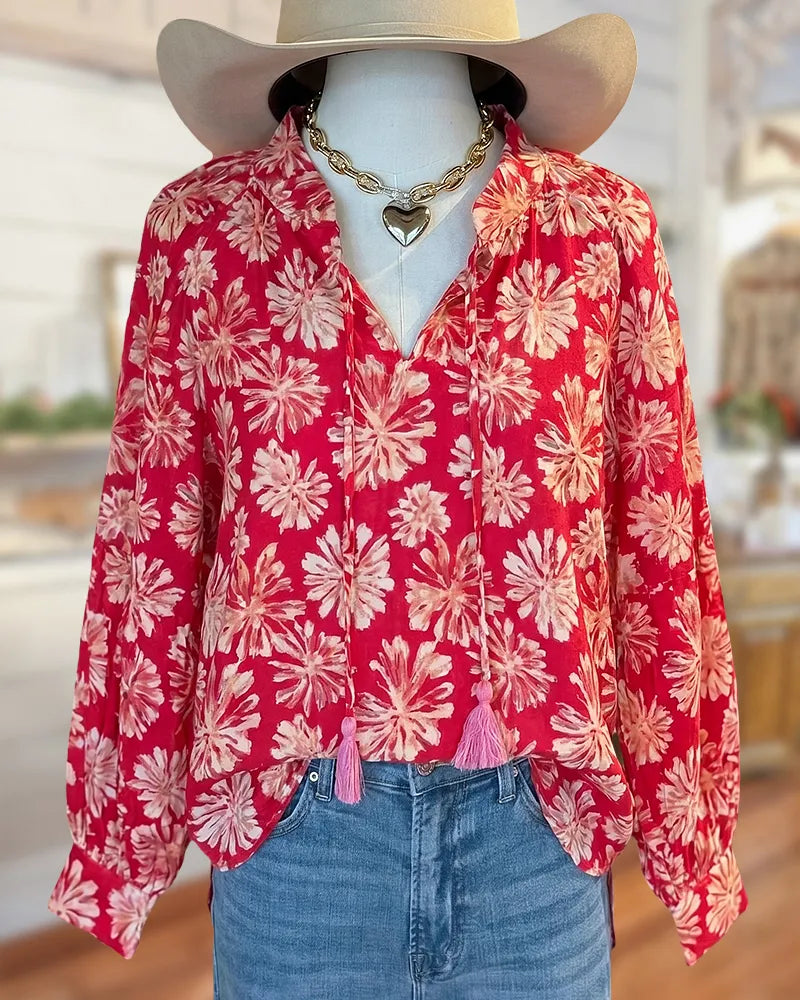 Floral Print Tassel Tie Neck Blouse