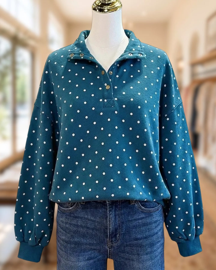 Polka Dot Quarter Snap Stand Collar Drop Shoulder Sweatshirt