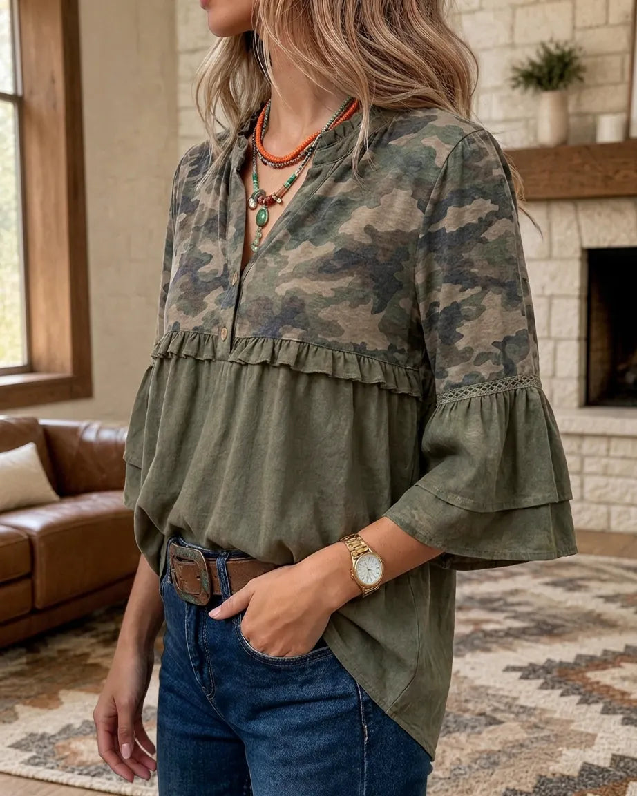 100% Cotton Camo Print Ruffle Trim Button Front Flare Sleeve Blouse