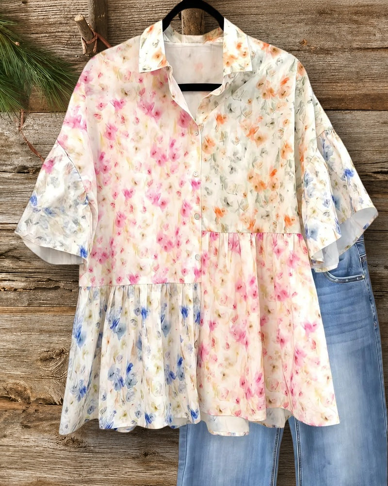 Floral Print Asymmetric Patchwork Stunning Ruffle Sleeve Button Up Blouse