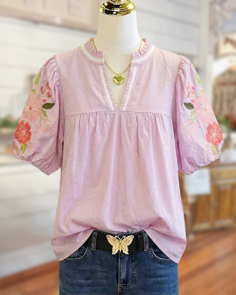 Floral Embroidered Puff Sleeve V Neck Gathered Casual Blouse