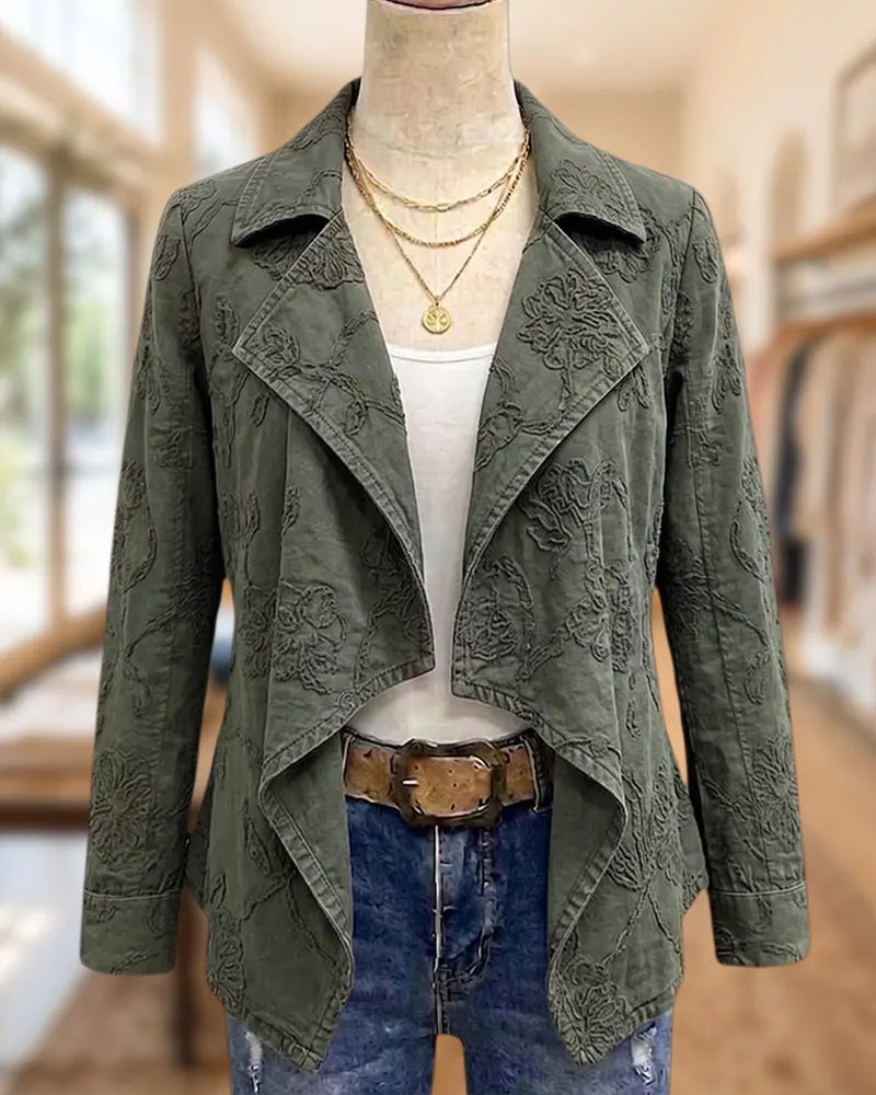 Embroidered Lapel Open Front Draped Long Sleeve Casual Jacket
