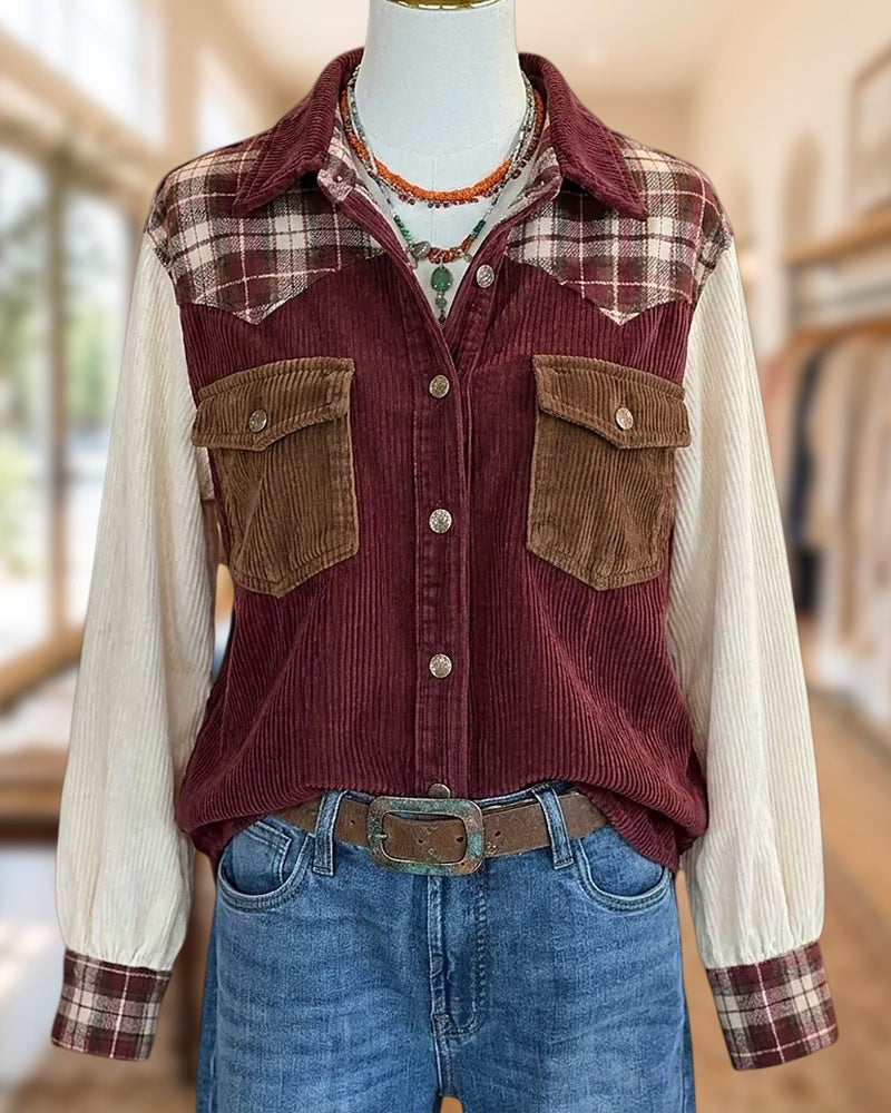 Corduroy Plaid Patch Pocket Contrast Sleeve Button Front Shirt