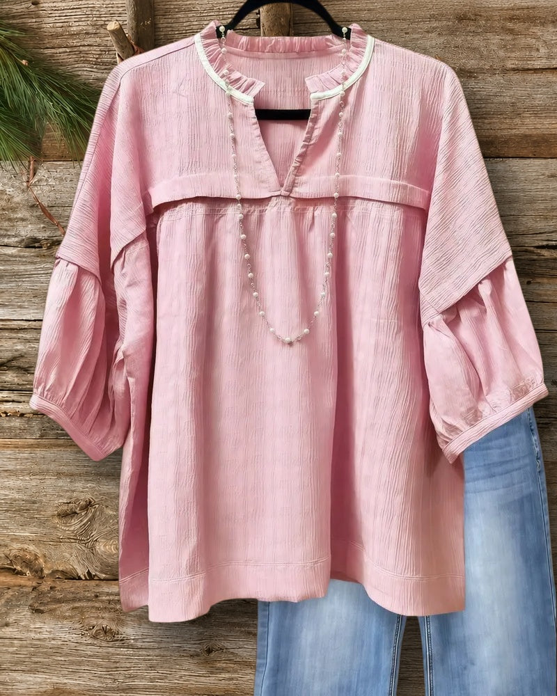 Solid Color Textured Smart V Neck Blouse