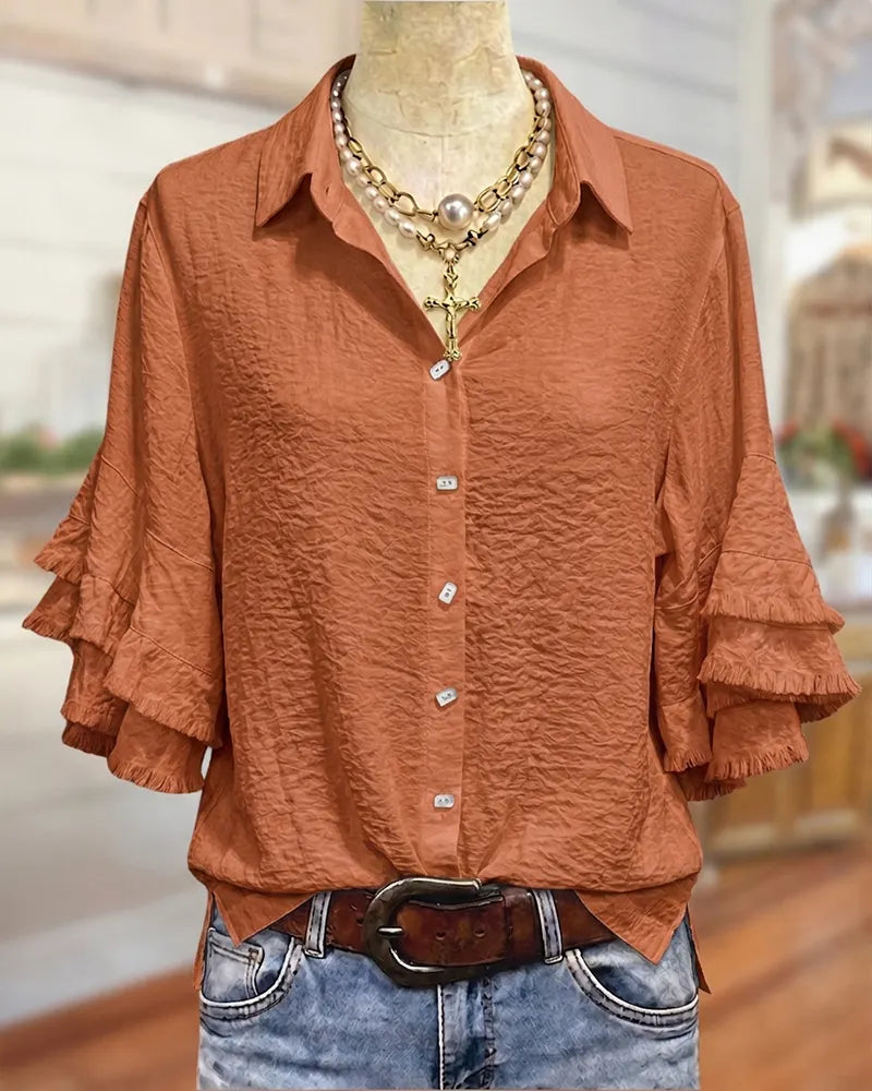 Tassels Trim Ruffle Sleeve Shirt Collar Twist Front Chic Blouse