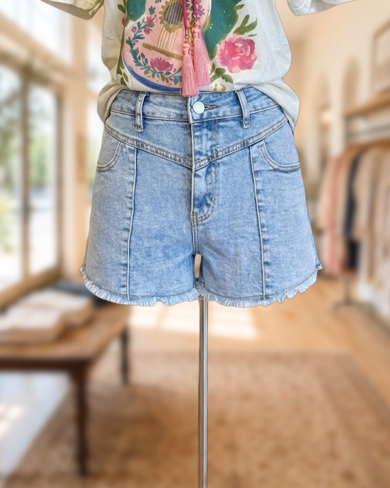 High Waist Panel Stitched Frayed Hem Denim Shorts