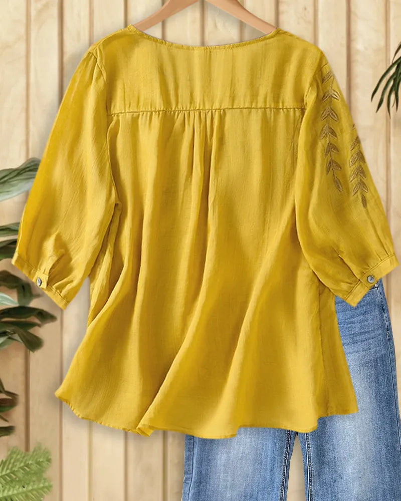 Embroidered Leaf Contrast Trim High Low Hem 3/4 Sleeve Blouse
