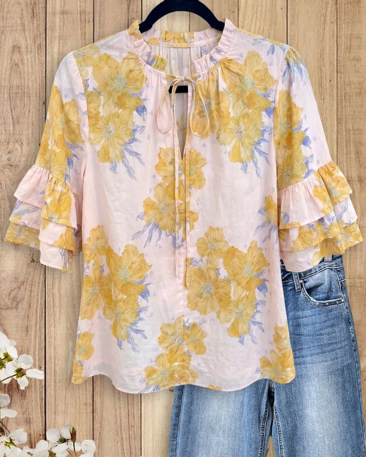 Floral Print Tie Neck Tiered Ruffle Sleeve Casual Blouse