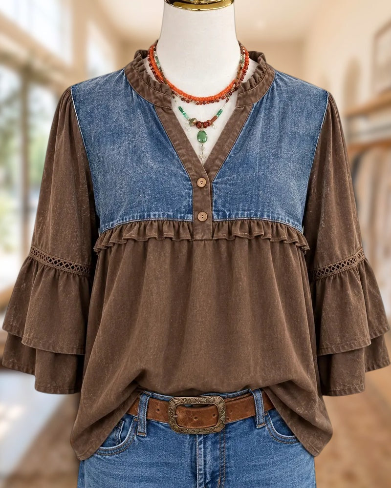 Denim Contrast Ruffle Trim Flare Sleeve Blouse
