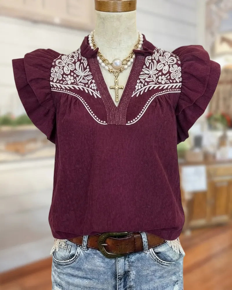 Floral Embroidery Ruffle Sleeve V Neck Elegant Blouse