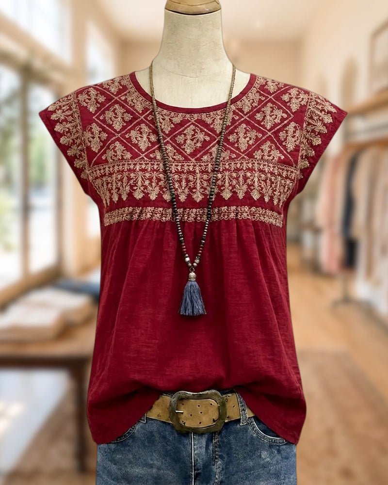 Embroidered Cap Sleeve Round Neck Bohemian Flowy Blouse
