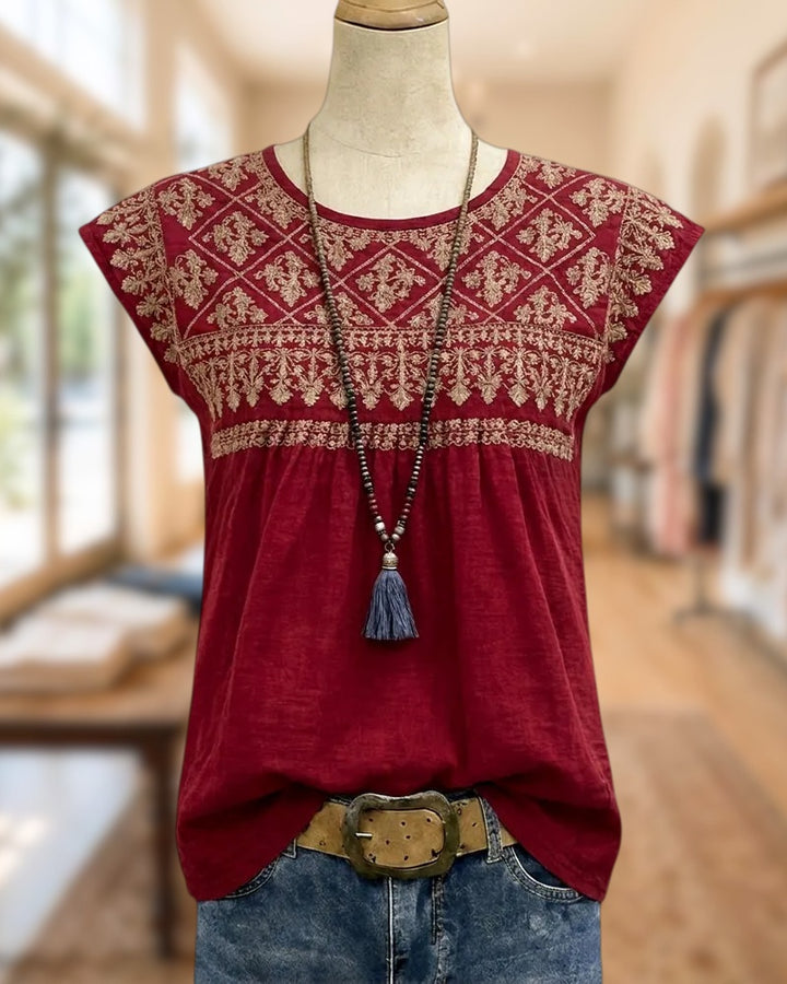 Embroidered Cap Sleeve Round Neck Bohemian Flowy Blouse