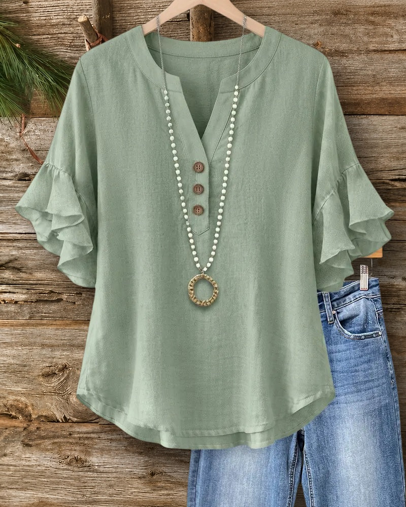 Solid Color Ruffle Sleeve V Neck Casual Flowy Blouse