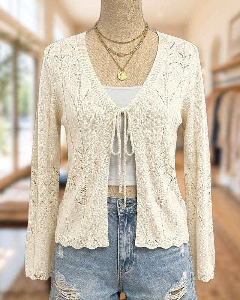Tie Front Pointelle Knit Long Sleeve Scalloped Hem Cardigan