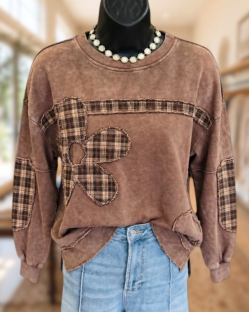 Plaid Patchwork Flower Applique Long Sleeve Crew Neck Sweatshirt