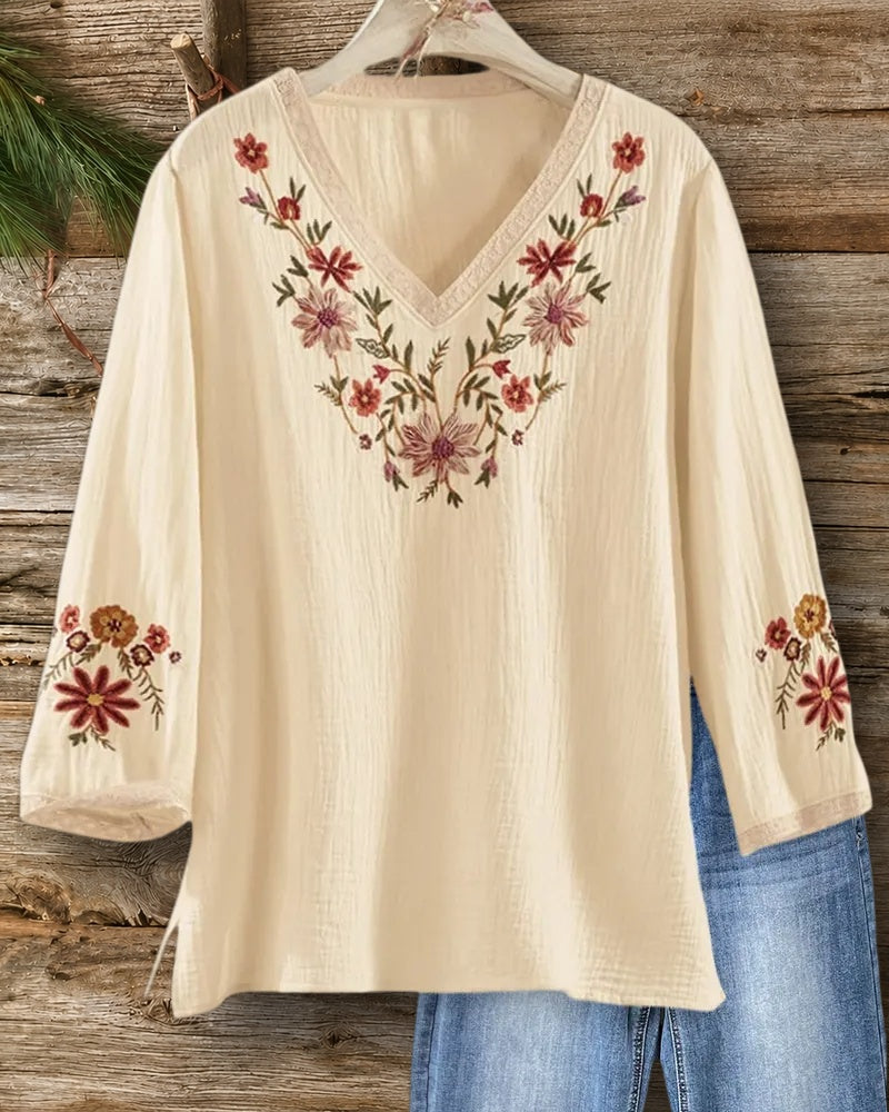 V Neck Floral Embroidered 3/4 Sleeve Loose Casual Blouse