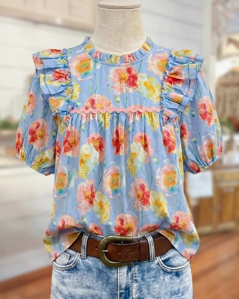 Ruffled Trim Puff Sleeve Floral Print Gathered Casual Blouse