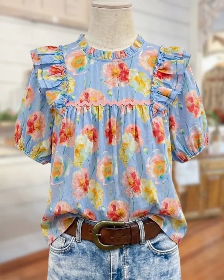 Ruffled Trim Puff Sleeve Floral Print Gathered Casual Blouse