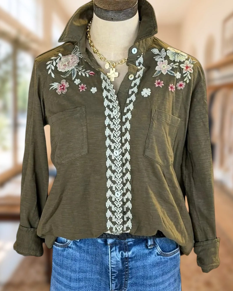 Floral Embroidered Collared Pocket Front Long Sleeve Casual Shirt