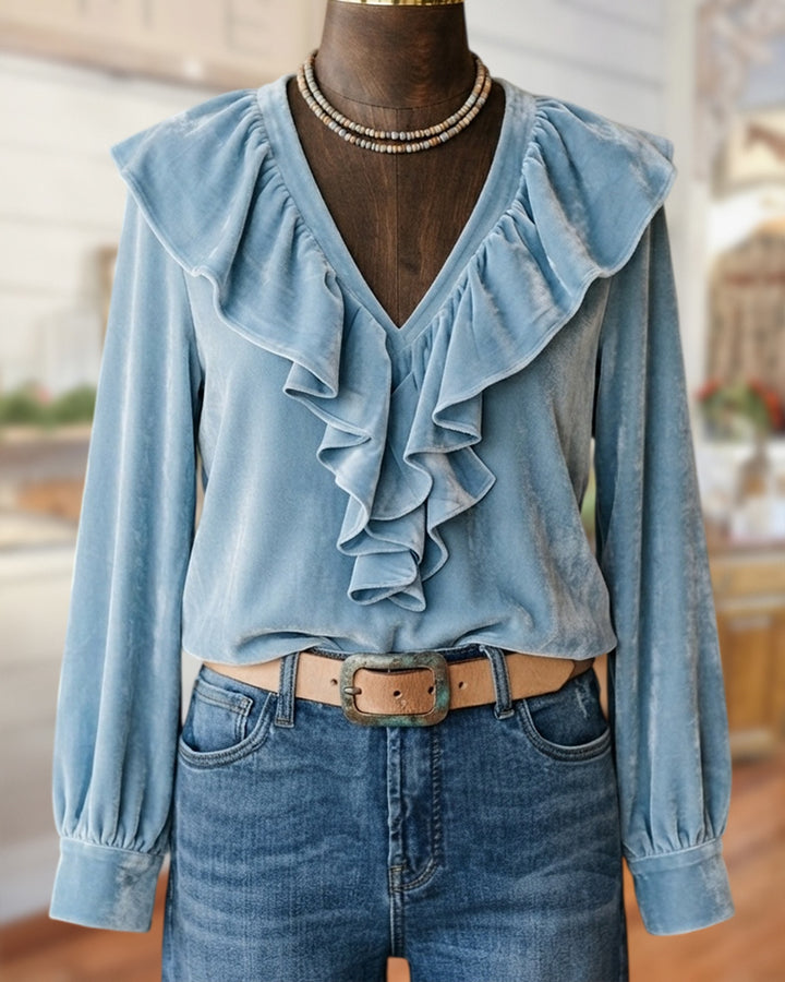 Soft V Neck Ruffle Trim Long Sleeve Velvet Blouse