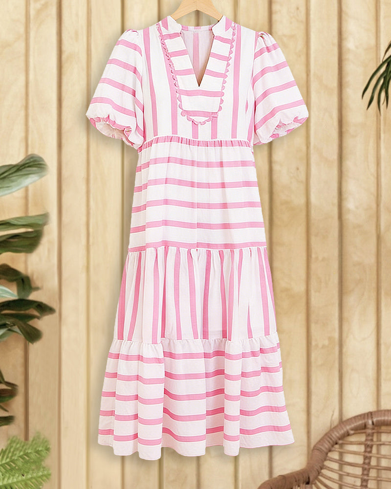Striped Patchwork Puff Sleeve Urban Tiered Midi Dress