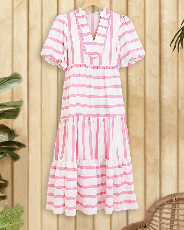 Striped Patchwork Puff Sleeve Urban Tiered Midi Dress