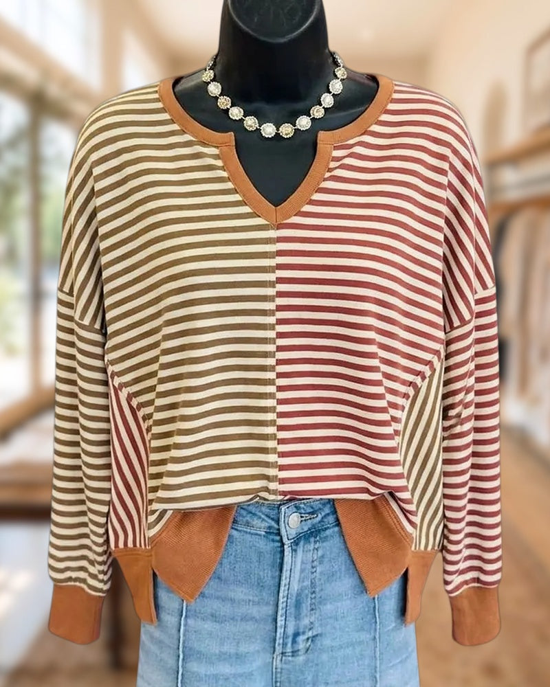 Split Hem Striped Notched V Neck Long Sleeve Top