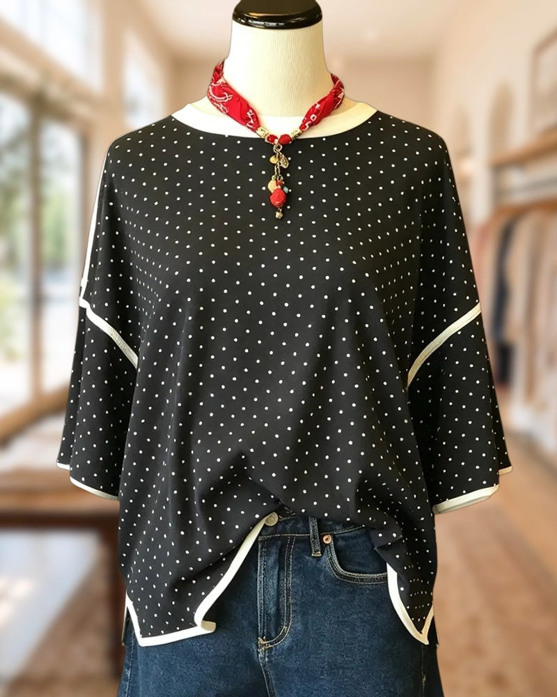 Polka Dot Contrast Trim Loose O Neck Casual Blouse